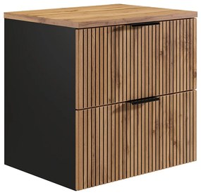 Wisząca szafka pod umywalkę z prążkowanym frontem i półką – jasny naturalny i czarny – 60 cm – MADELA