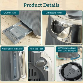 HOMCOM Czajnik 2200 W, 1,7 l z funkcją szybkiego gotowania, filtrem kamienia i tosterem na 4 kromki z 7 poziomami zarumienienia, szary | Aosom PL