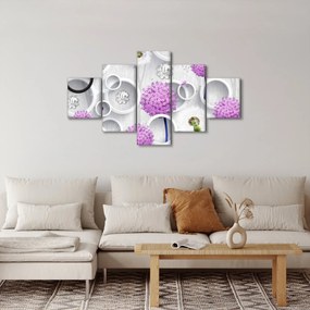 Obraz abstrakcji 3D z kołami i kwiatami (125x70 cm)