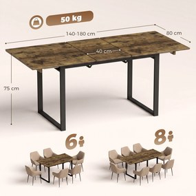HOMCOM Stół rozkładany 140-180 cm dla 6-8 osób, prostokątny w stylu industrialnym z metalowym stelażem, imitacja drewna tygrysiego | Aosom PL