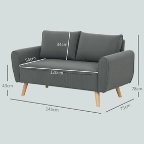 HOMCOM Dwumiejscowa Sofa, Kanapa z Tkaniny, 2 Poduszki Tylnie, Pokrycie z Sztruksu, 145 x 75 x 78 cm, Antracyt