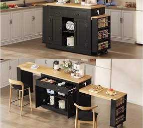 Centralna wyspa kuchenna - 2 stoły rozsuwane - z 2 gniazdkami elektrycznymi i 2 portami USB - duże miejsce do przechowywania - Naturalny + Czarny