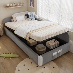 Łóżko dziecięce 90x200 cm z pojemnikiem, prawa strona, szary welur – bez materaca