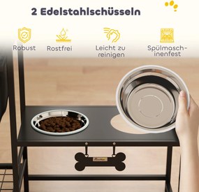 PawHut Podwyższona miska dla psa Regulowana wysokość Miska z miejscem do przechowywania Poidło 2 x 800 ml miski ze stali nierdzewnej 89,5x27x74 cm Czarny | Aosom PL