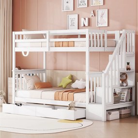 Łóżka piętrowe dla dzieci 2 x 90 x 200 cm - półka schodowa + 2 szuflady - drewno MDF - białe
