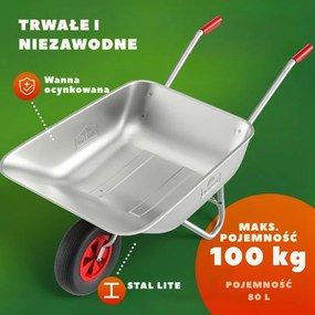 Taczka ogrodowa ocynkowana LARRY, max. pojemność 80l/100kg, srebrna/czarna Gardebruk