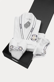 Męski szlafrok MARINE MAN w ozdobnym opakowaniu + ręcznik + kapcie XXL + kapcie (42/44) + ręcznik + box Biały