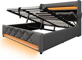 Łóżko 160x200 cm z pojemnikiem, łóżko podwójne z oświetleniem LED i USB/typu C, szary len, hydrauliczny schowek, bez materaca