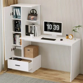 Biurko Komputerowe z Regałem 142 cm – Białe Loft do Biura i Pokoju