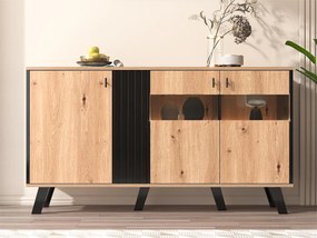Komoda niska - dąb Artisan i czarny dekor - 3 drzwi szklane i płyta wiórowa - szer. 140 x wys. 78 x gł. 41 cm
