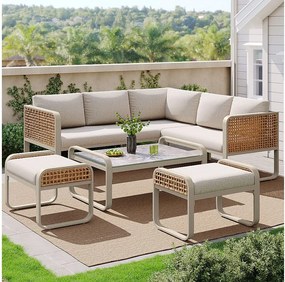 Zestaw ogrodowy, meble rattanowe dla 6-7 osób, narożna kanapa - ze stali ocynkowanej, regulowane nóżki, Beżowy