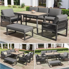 Zestaw mebli ogrodowych 6-7-osobowy - zestaw wypoczynkowy ze stołem + poduszki na siedzisko i oparcie - metalowy - szary