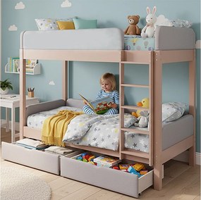 Łóżko piętrowe dla dzieci - 2 x 90 x 200 cm - z amortyzującymi krawędziami z pianki + 2 szuflady - drewno + płyta MDF - kolor szary + naturalny