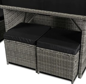 Zestaw Mebli Ogrodowych DALLAS Szary/Czarny Narożnik Pufy Stolik Tarasowy Technorattan Nowoczesny