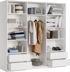 Szafa Przesuwna VARO 200 cm z Lustrem Szafa Trzydrzwiowa z Szufladami Biała / Satynowe Profile