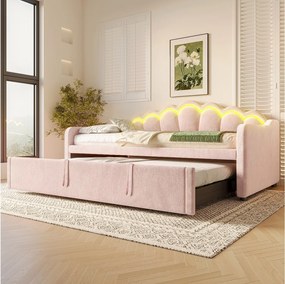 Łóżko dzienne z wysuwanym łóżkiem - 90/180 x 200 cm - z diodami LED - aksamitne - różowe