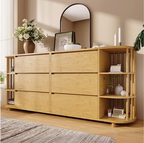 Nowoczesna dębowa komoda - 160 x 40 x 75 cm - z kolumnami i półkami z bambusa + 6 szuflad - Bambus + MDF - naturalny