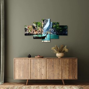 Obraz - Wodny śródziemnomorski krajobraz z łodzią (125x70 cm)