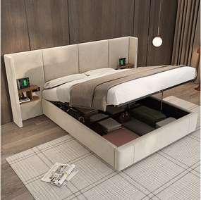 Łóżko 160 x 200 cm z pojemnikiem na pościel – z portami USB-A i USB-C, stelaż z listew – w kolorze aksamitnym – beżowym – materac nie jest wliczony w cenę