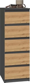 Komoda Malwa W5 | Antracyt/Dąb Artisan | 40x45x111 cm | Komoda z  5 Szufladami