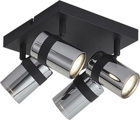Czarny reflektor sufitowy z przydymionym szkłem, 4-punktowy, obrotowy i przechylny - Gianni