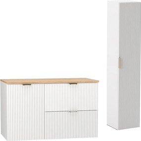 Biały Zestaw do Łazienki 100cm Szafka pod Umywalkę Blat Szafka z Koszem Słupek Ryflowane Fronty