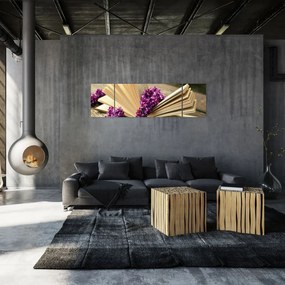 Obraz książki i fioletowych kwiatów (170x50 cm)