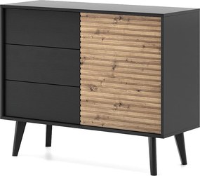 Komoda WILLOW 104 cm Czarny Dąb Artisan – 3 Szuflady, Push-to-Open, Styl Loftowy, Żłobiony Front, Drewniane Nogi