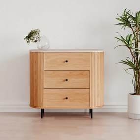 Owalna komoda z szufladami ryflowana Fabia 80 cm, dąb/trawertyn