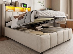 Łóżko z pojemnikiem i tapicerowanym zagłówkiem 90x200 cm - z oświetleniem LED + portem USB - Len - beżowe (bez materaca)
