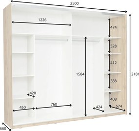 Szafa Przesuwna OSVIN 250 cm z Lustrem Szafa Dwudrzwiowa, Bialy