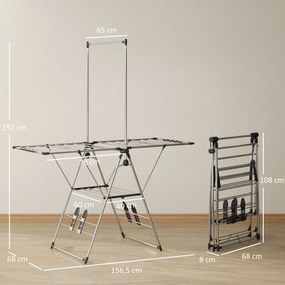 HOMCOM Suszarka na pranie składana stojąca suszarka z regulowanymi skrzydłami, uchwytami na buty, stal nierdzewna, 156,5 x 68 x 192 cm, srebrny