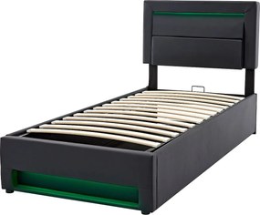 Łóżko z pojemnikiem 90x200 cm z ekoskóry z LED - z portami ładowania (przewodowym i bezprzewodowym) - Czarny