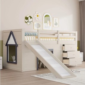 Łóżko piętrowe dla dzieci - 90 x 200 cm - z wysuwaną półką + 3 szuflady + 2 drzwi - płyta MDF + sosna - białe