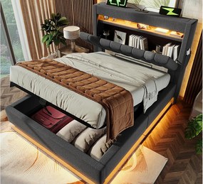 Tapicerowane łóżko z pojemnikiem 90x200 cm - z LED - z portami USB i Type-C - Tkanina lniana - Wezgłowie z przestrzenią do przechowywania - Szary