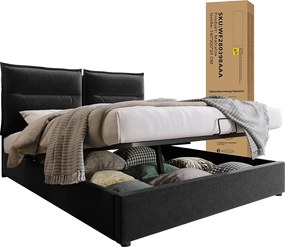 Łóżko z pojemnikiem 140x200 cm - Regulowany zagłówek - Czarny aksamit - Materac w zestawie