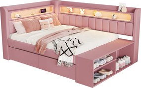 Tapicerowana sofa z łóżkiem 90x200 cm - oświetlenie LED i port USB - 2 szuflady i półka na buty - MDF+Len - Różowy​ (bez materaca)