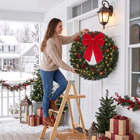 HOMCOM Wieniec świąteczny 61 cm na drzwi ze wzorem Crestwood-świerk, kokarda, 50 LED, 140 końcówek gałązek, 8 trybów świetlnych | Aosom PL