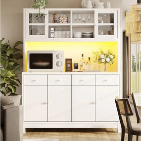 Wysoka komoda kuchenna z oświetleniem LED RGB, 6 drzwi i 4 szuflady - MDF, szkło i metal - 140 × 38,5 × 180 cm - biała