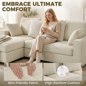 HOMCOM Narożna sofa z odwracalnym szezlongiem, 3-osobowa kanapa z aksamitnym wyglądem, szerokie i głębokie siedzisko, poduszki sprężynowe, beżowa | Aosom PL