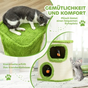 PawHut Drapak dla Kotów, 52 cm, z Pluszową Jaskinią i Zabawką, Zielony/Kremowy