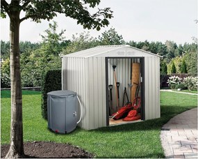Metalowy domek ogrodowy "Nebraska" - 4,07m² z rynnami i zbiornikiem na wodę deszczową