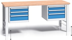 Stół warsztatowy z regulacją wysokości G3, 2000 x 685 x 840-1050 mm, 2x 3 szufladowy kontener, niebieski