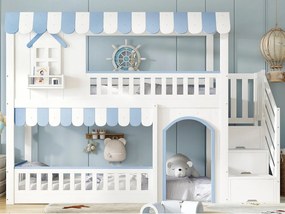 Łóżko na antresoli 90x200 cm - drabina z miejscem do przechowywania - z stelażem lamelowym - lite drewno + MDF - Biały + Niebieski (bez materaca)