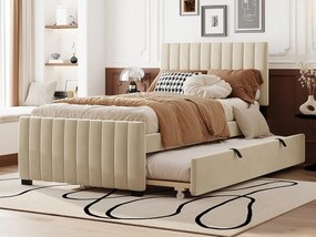 Łóżko tapicerowane 90x190cm z weluru - z łóżkiem wysuwanym 90x190cm - Beżowe