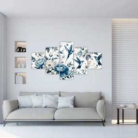 Obraz - Kolibry z kwiatami (125x70 cm)