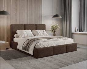 Łóżko tapicerowane 140x200 Elora boucle – łóżko z pojemnikiem na pościel i stelażem listwowym, tkanina boucle – Brązowy