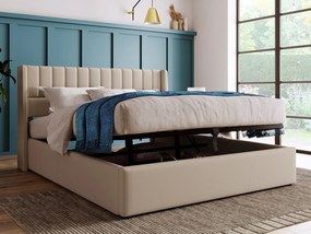 Łóżko ze schowkiem 140 x 200 cm - tkanina lniana - stelaż listwowy - beż