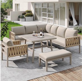 Zestaw mebli ogrodowych modułowych z ocynkowanego żelaza dla 8 osób: 1 sofa 4-osobowa + 1 sofa 2-osobowa + 1 fotel i 1 ławka - 1 stolik kawowy - Beżowy