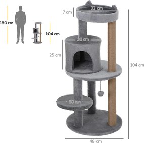 PawHut 4-piętrowy drapak dla kota z jaskinią domek piłki do gry pluszowy szary 48x48x104 cm | Aosom PL